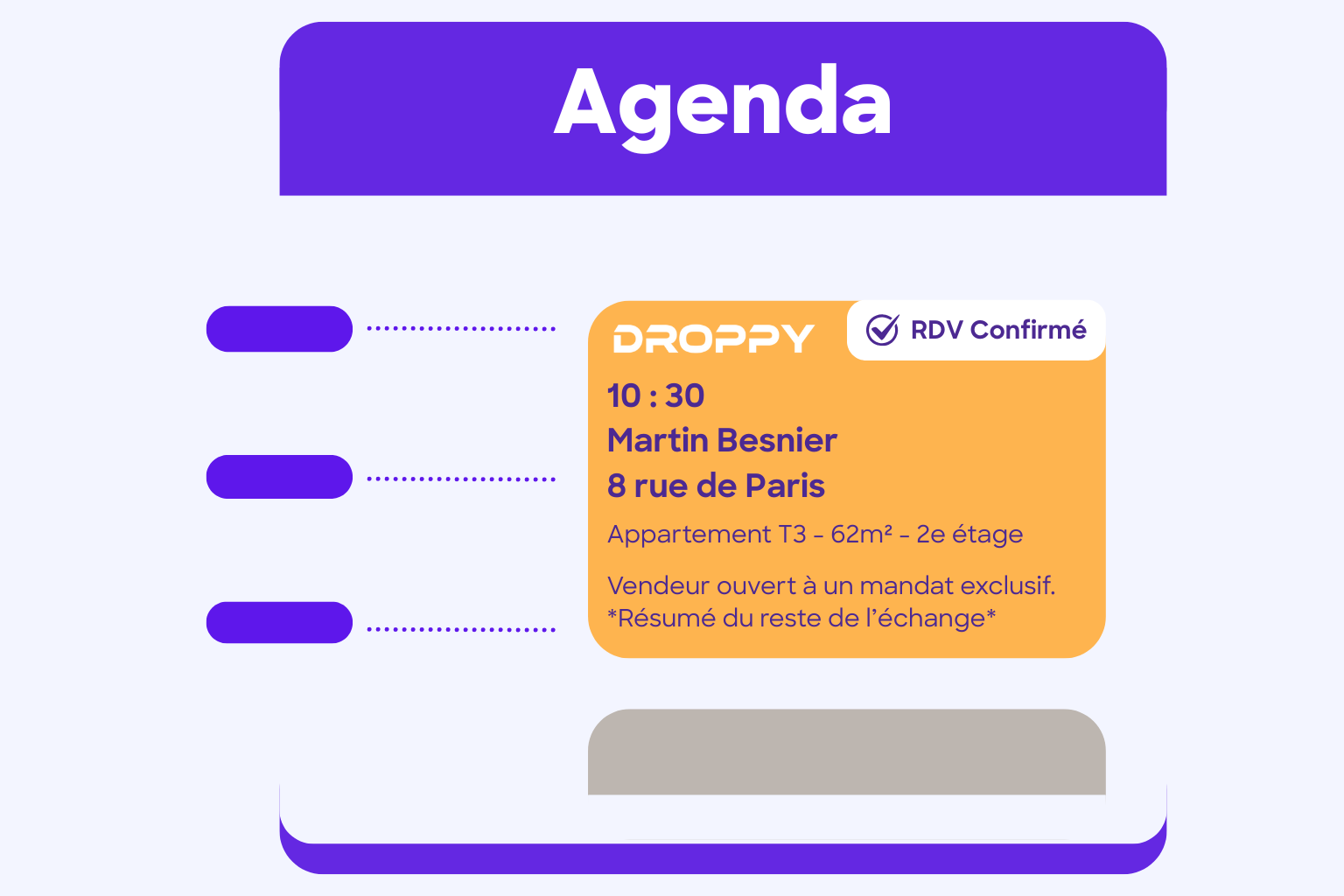 Prise de RDVs par Droppy Un expert immo prend un rdv pour un agent directement dans son agenda selon son planning.