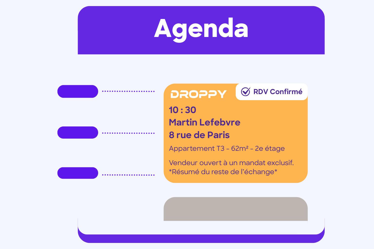 Prise de RDVs par Droppy Un expert immo prend un rdv pour un agent directement dans son agenda selon son planning.